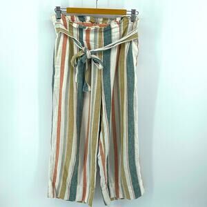 madewell linen cotton blend striped elastic waist paperbag wide leg belt pants S
